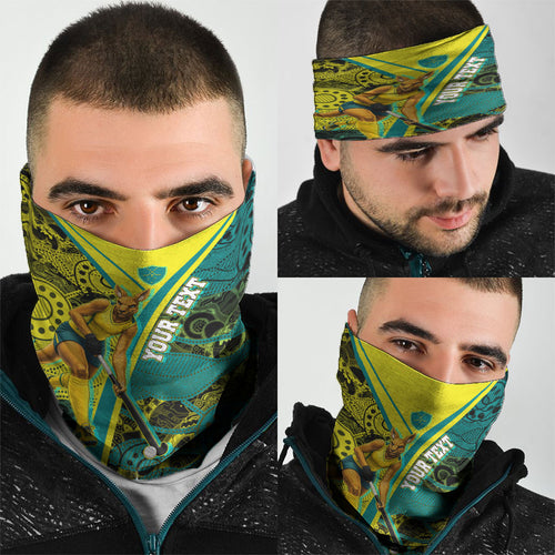 Custom Hockeyroos Kangaroo Field Hockey Neck Gaiter Aboriginal Pattern Green Gold Dynamic Athlete Design