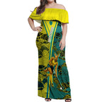 Custom Hockeyroos Kangaroo Field Hockey Off Shoulder Maxi Dress Aboriginal Pattern Green Gold Dynamic Athlete Design
