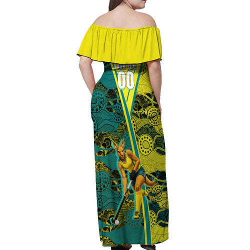 Custom Hockeyroos Kangaroo Field Hockey Off Shoulder Maxi Dress Aboriginal Pattern Green Gold Dynamic Athlete Design