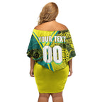 Custom Hockeyroos Kangaroo Field Hockey Off Shoulder Short Dress Aboriginal Pattern Green Gold Dynamic Athlete Design