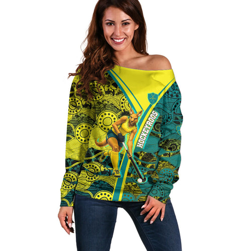 Custom Hockeyroos Kangaroo Field Hockey Off Shoulder Sweater Aboriginal Pattern Green Gold Dynamic Athlete Design