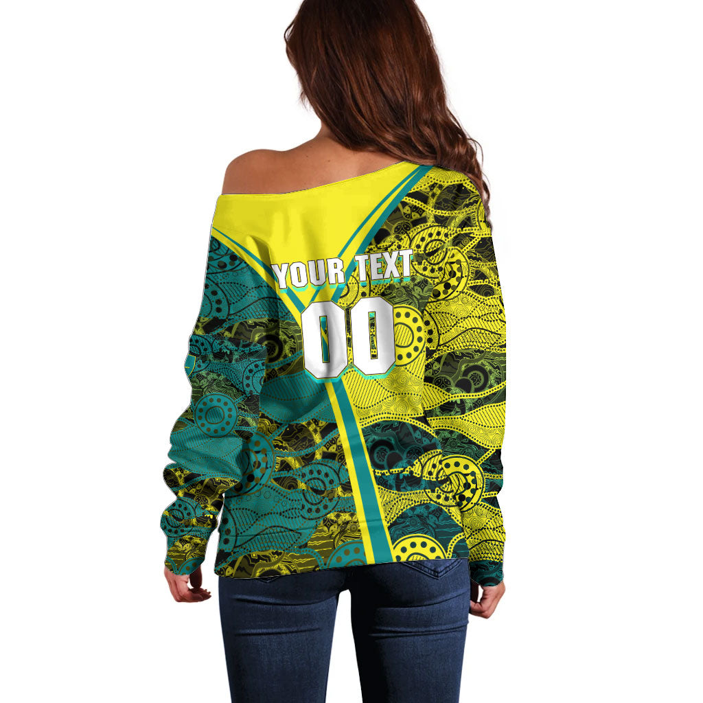 Custom Hockeyroos Kangaroo Field Hockey Off Shoulder Sweater Aboriginal Pattern Green Gold Dynamic Athlete Design