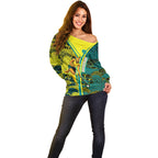 Custom Hockeyroos Kangaroo Field Hockey Off Shoulder Sweater Aboriginal Pattern Green Gold Dynamic Athlete Design