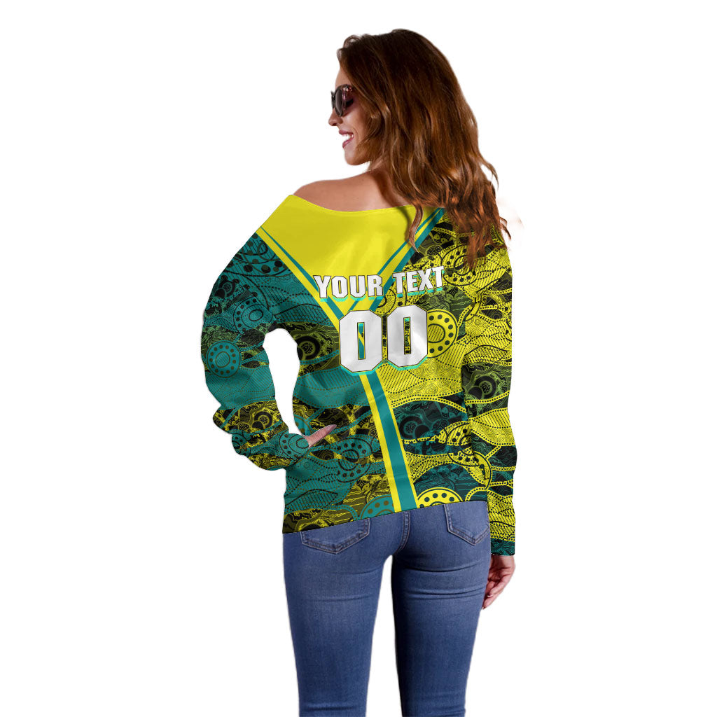 Custom Hockeyroos Kangaroo Field Hockey Off Shoulder Sweater Aboriginal Pattern Green Gold Dynamic Athlete Design