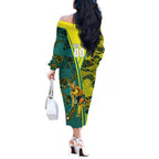 Custom Hockeyroos Kangaroo Field Hockey Off The Shoulder Long Sleeve Dress Aboriginal Pattern Green Gold Dynamic Athlete Design