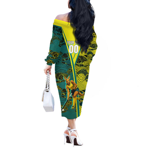 Custom Hockeyroos Kangaroo Field Hockey Off The Shoulder Long Sleeve Dress Aboriginal Pattern Green Gold Dynamic Athlete Design