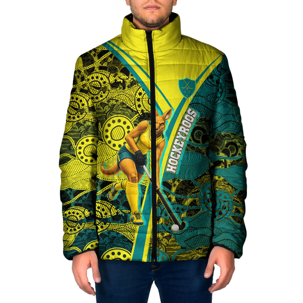 Custom Hockeyroos Kangaroo Field Hockey Padded Jacket Aboriginal Pattern Green Gold Dynamic Athlete Design