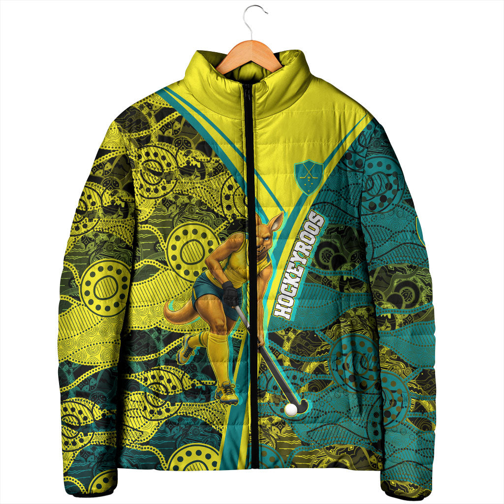 Custom Hockeyroos Kangaroo Field Hockey Padded Jacket Aboriginal Pattern Green Gold Dynamic Athlete Design