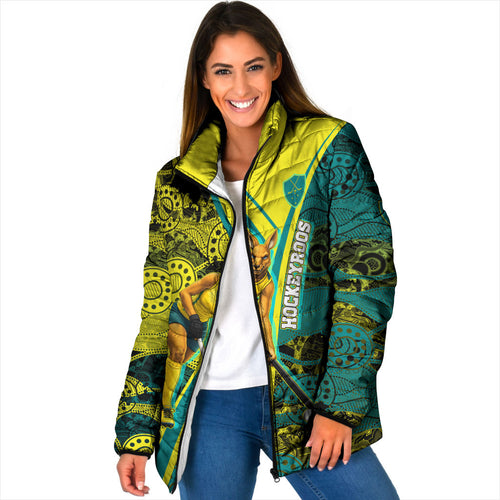 Custom Hockeyroos Kangaroo Field Hockey Padded Jacket Aboriginal Pattern Green Gold Dynamic Athlete Design