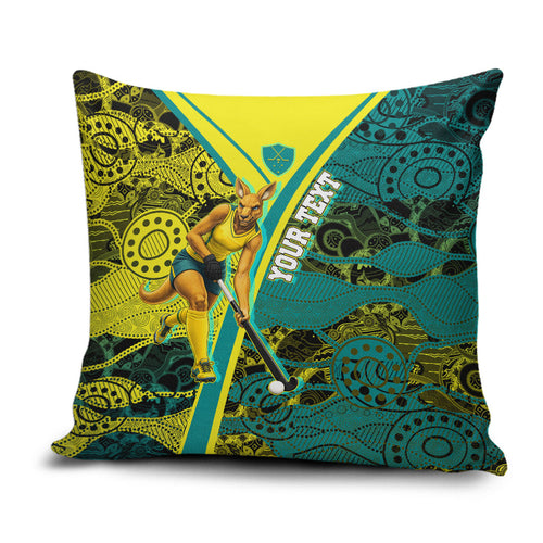 Custom Hockeyroos Kangaroo Field Hockey Pillow Cover Aboriginal Pattern Green Gold Dynamic Athlete Design