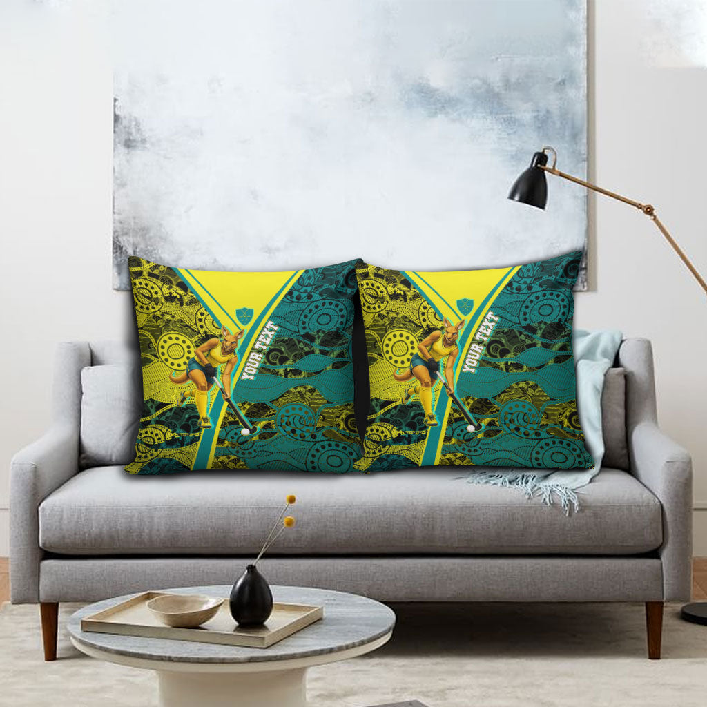 Custom Hockeyroos Kangaroo Field Hockey Pillow Cover Aboriginal Pattern Green Gold Dynamic Athlete Design