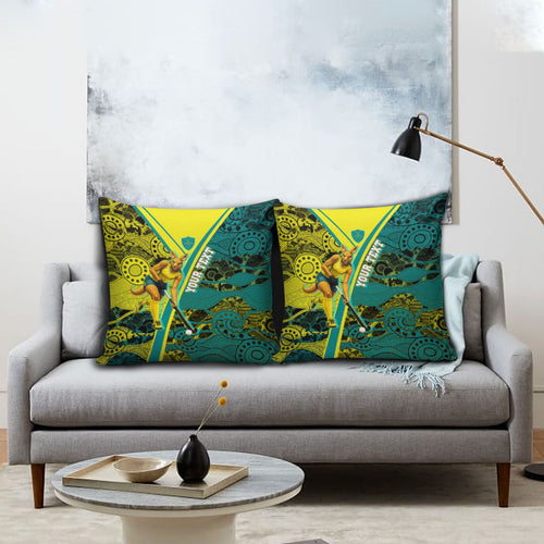 Custom Hockeyroos Kangaroo Field Hockey Pillow Cover Aboriginal Pattern Green Gold Dynamic Athlete Design