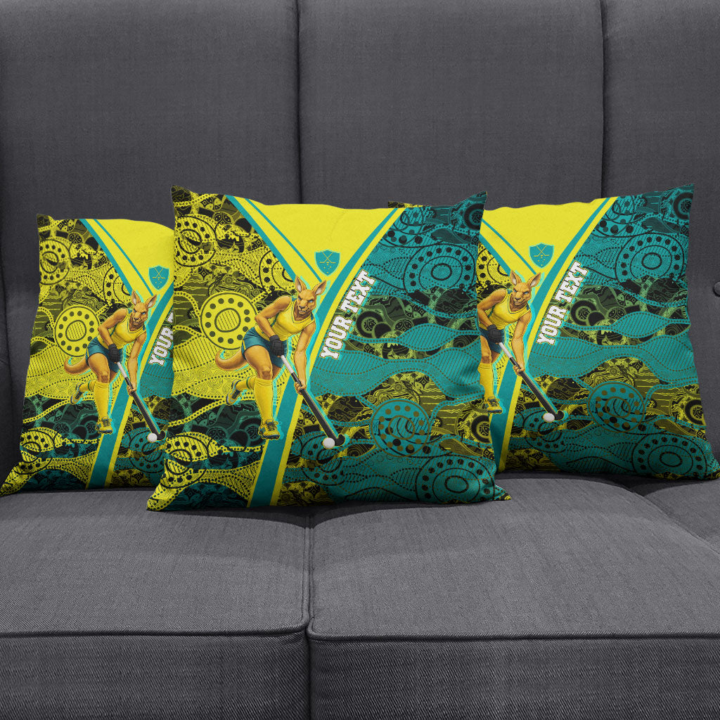 Custom Hockeyroos Kangaroo Field Hockey Pillow Cover Aboriginal Pattern Green Gold Dynamic Athlete Design