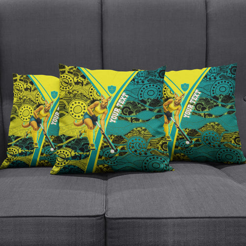 Custom Hockeyroos Kangaroo Field Hockey Pillow Cover Aboriginal Pattern Green Gold Dynamic Athlete Design
