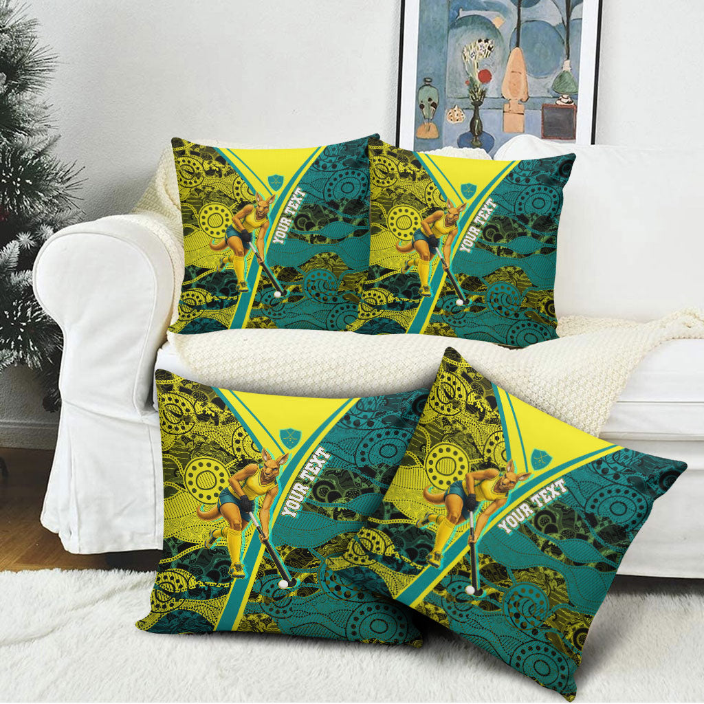 Custom Hockeyroos Kangaroo Field Hockey Pillow Cover Aboriginal Pattern Green Gold Dynamic Athlete Design
