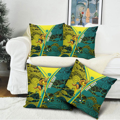 Custom Hockeyroos Kangaroo Field Hockey Pillow Cover Aboriginal Pattern Green Gold Dynamic Athlete Design