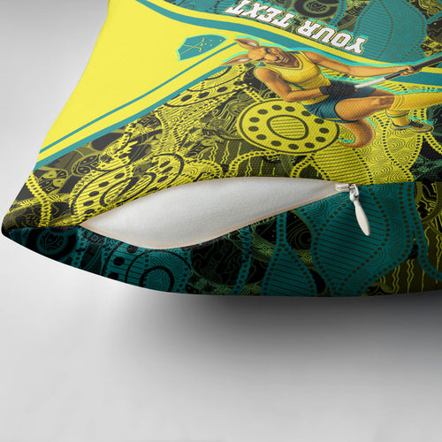 Custom Hockeyroos Kangaroo Field Hockey Pillow Cover Aboriginal Pattern Green Gold Dynamic Athlete Design