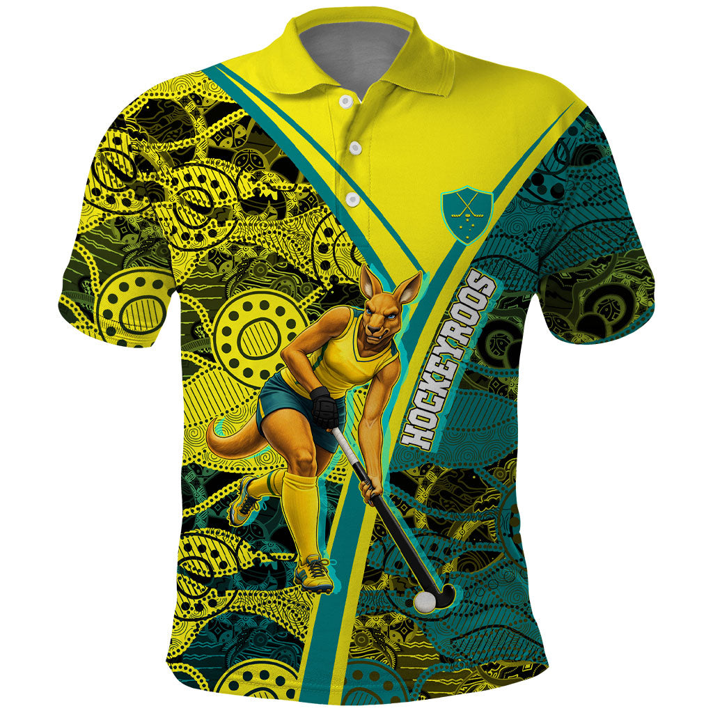 Custom Hockeyroos Kangaroo Field Hockey Polo Shirt Aboriginal Pattern Green Gold Dynamic Athlete Design