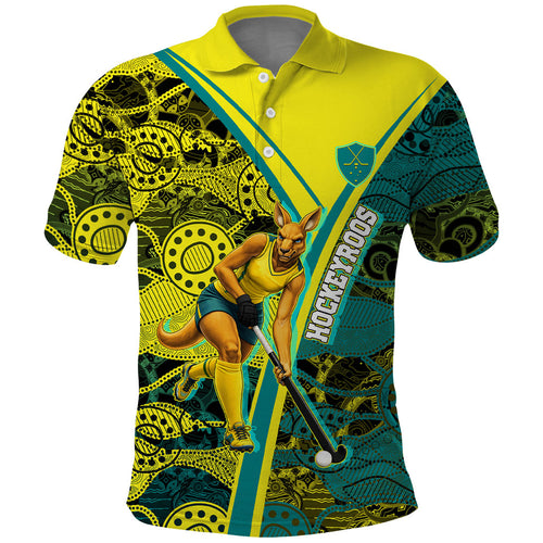 Custom Hockeyroos Kangaroo Field Hockey Polo Shirt Aboriginal Pattern Green Gold Dynamic Athlete Design