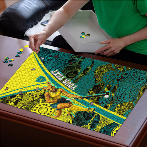 Custom Hockeyroos Kangaroo Field Hockey Puzzle Aboriginal Pattern Green Gold Dynamic Athlete Design