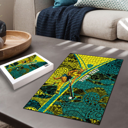 Custom Hockeyroos Kangaroo Field Hockey Puzzle Aboriginal Pattern Green Gold Dynamic Athlete Design