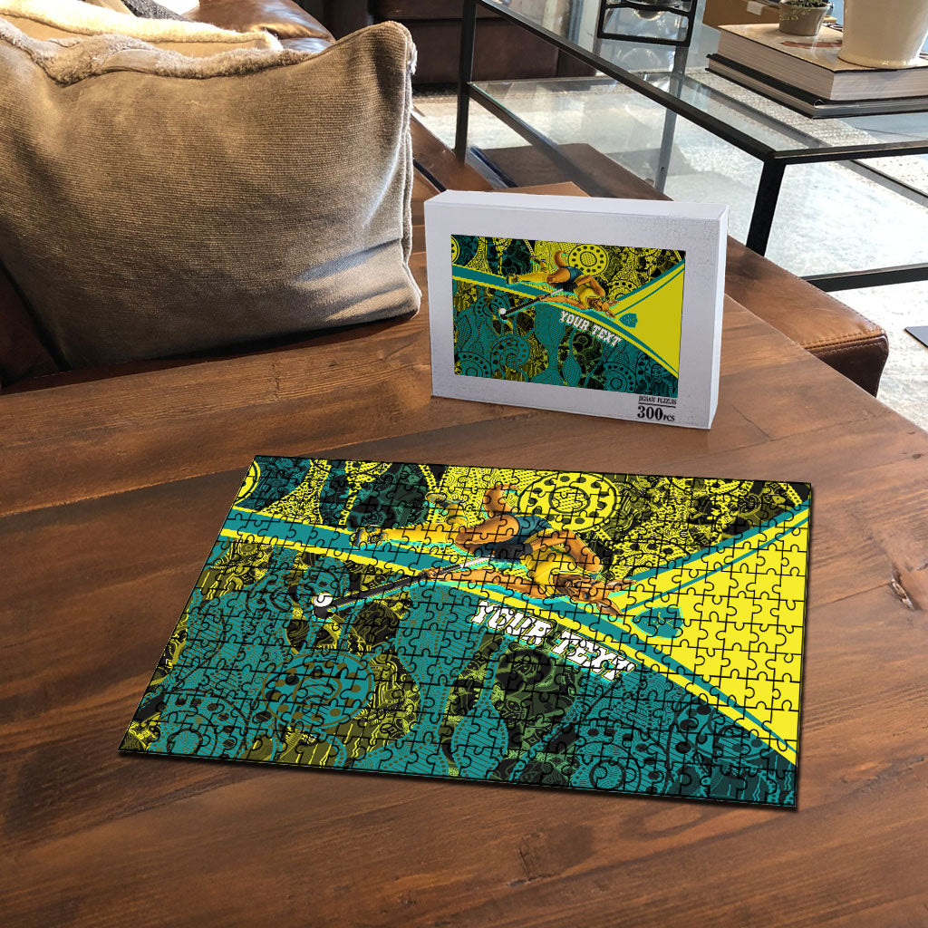Custom Hockeyroos Kangaroo Field Hockey Puzzle Aboriginal Pattern Green Gold Dynamic Athlete Design