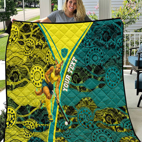 Custom Hockeyroos Kangaroo Field Hockey Quilt Aboriginal Pattern Green Gold Dynamic Athlete Design