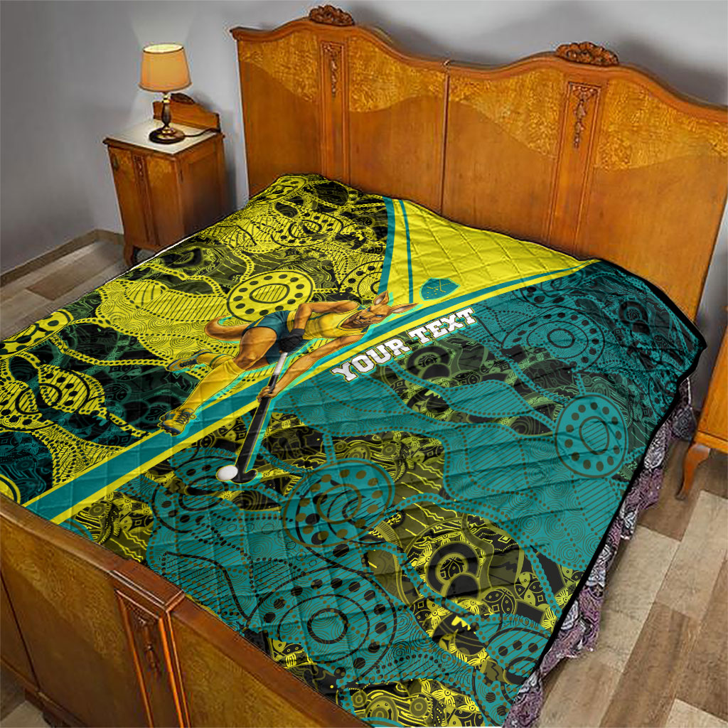 Custom Hockeyroos Kangaroo Field Hockey Quilt Aboriginal Pattern Green Gold Dynamic Athlete Design