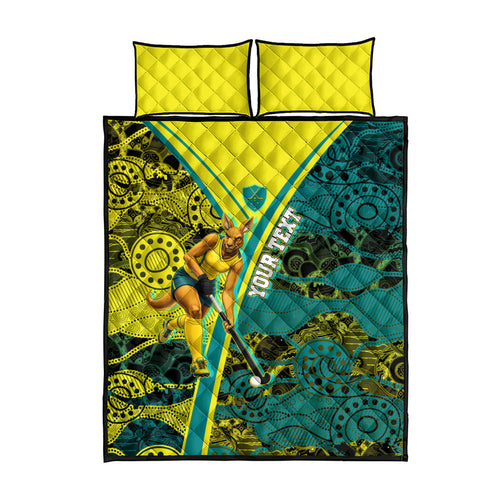 Custom Hockeyroos Kangaroo Field Hockey Quilt Bed Set Aboriginal Pattern Green Gold Dynamic Athlete Design