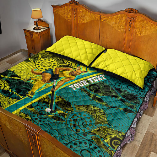 Custom Hockeyroos Kangaroo Field Hockey Quilt Bed Set Aboriginal Pattern Green Gold Dynamic Athlete Design