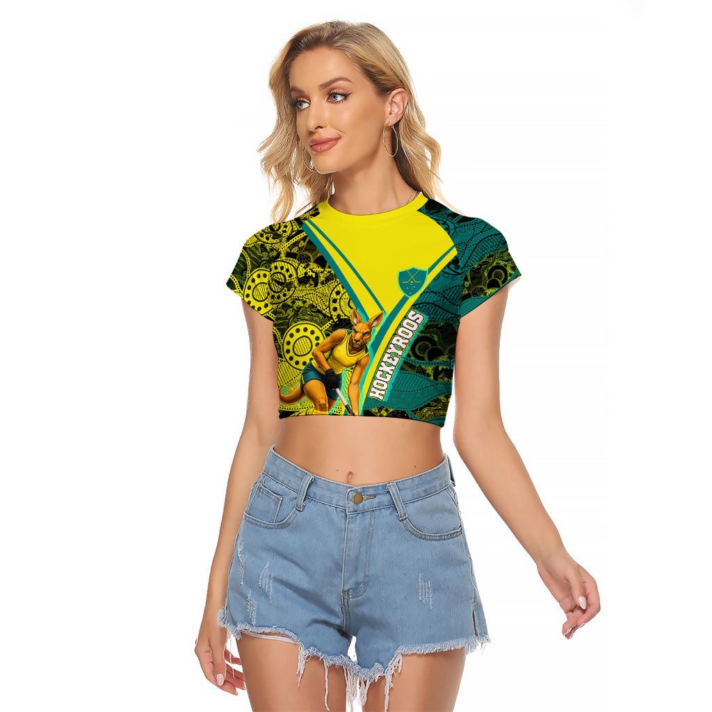 Custom Hockeyroos Kangaroo Field Hockey Raglan Cropped T Shirt Aboriginal Pattern Green Gold Dynamic Athlete Design