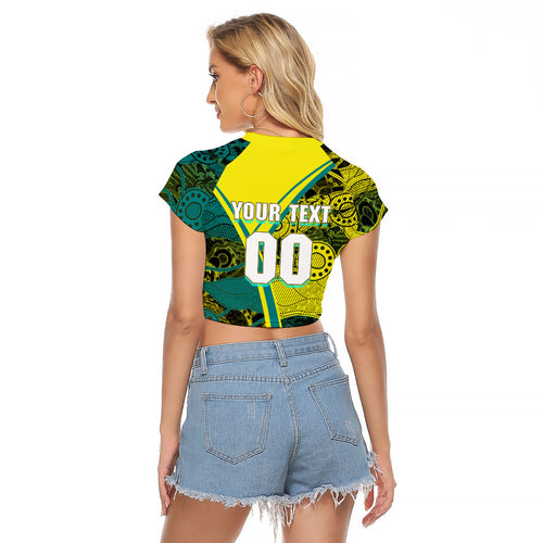 Custom Hockeyroos Kangaroo Field Hockey Raglan Cropped T Shirt Aboriginal Pattern Green Gold Dynamic Athlete Design