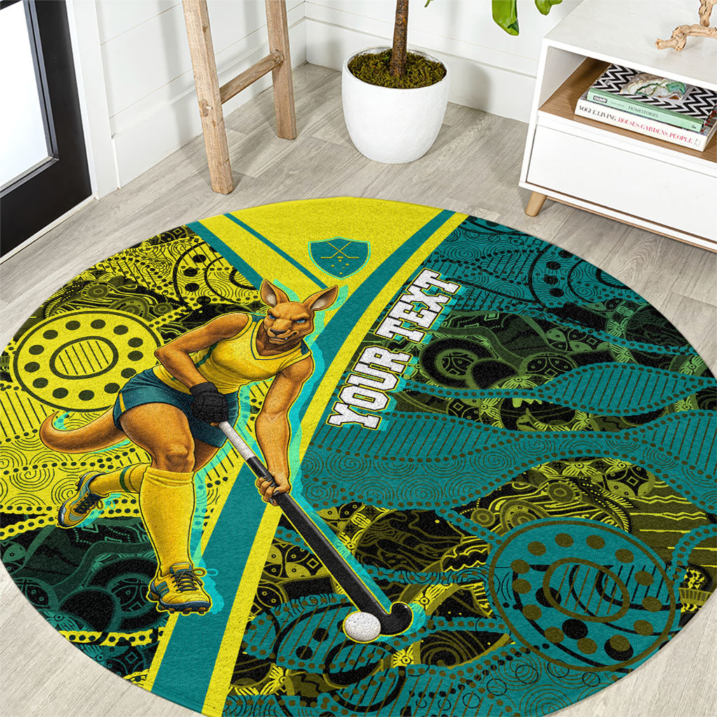 Custom Hockeyroos Kangaroo Field Hockey Round Carpet Aboriginal Pattern Green Gold Dynamic Athlete Design