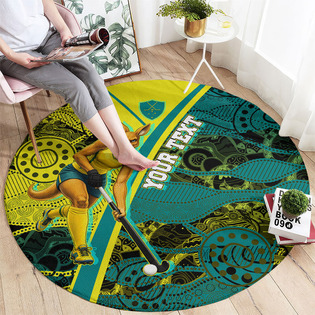 Custom Hockeyroos Kangaroo Field Hockey Round Carpet Aboriginal Pattern Green Gold Dynamic Athlete Design
