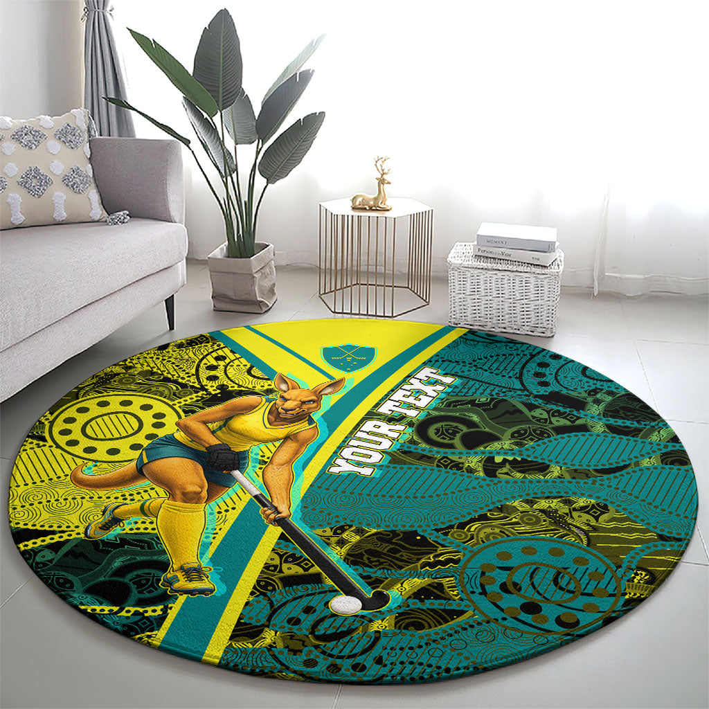 Custom Hockeyroos Kangaroo Field Hockey Round Carpet Aboriginal Pattern Green Gold Dynamic Athlete Design
