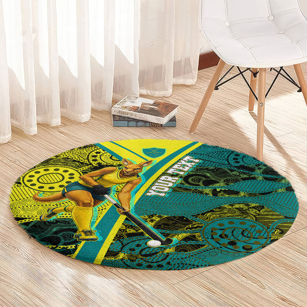 Custom Hockeyroos Kangaroo Field Hockey Round Carpet Aboriginal Pattern Green Gold Dynamic Athlete Design