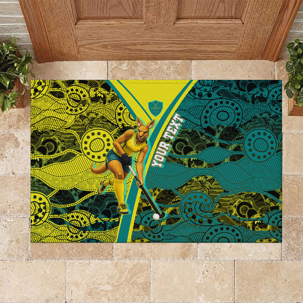 Custom Hockeyroos Kangaroo Field Hockey Rubber Doormat Aboriginal Pattern Green Gold Dynamic Athlete Design