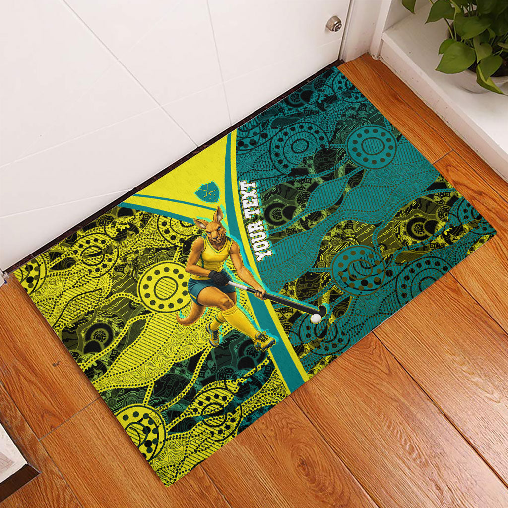 Custom Hockeyroos Kangaroo Field Hockey Rubber Doormat Aboriginal Pattern Green Gold Dynamic Athlete Design