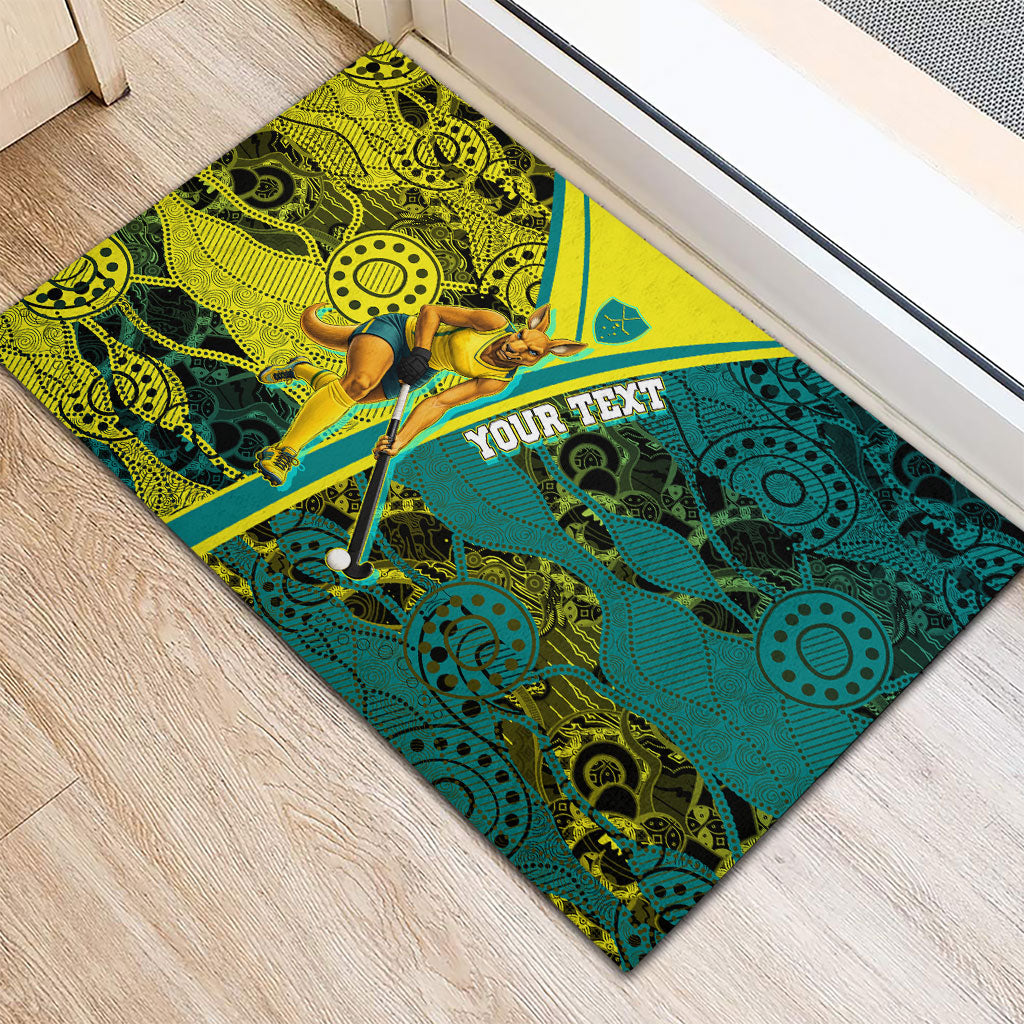 Custom Hockeyroos Kangaroo Field Hockey Rubber Doormat Aboriginal Pattern Green Gold Dynamic Athlete Design