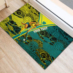 Custom Hockeyroos Kangaroo Field Hockey Rubber Doormat Aboriginal Pattern Green Gold Dynamic Athlete Design