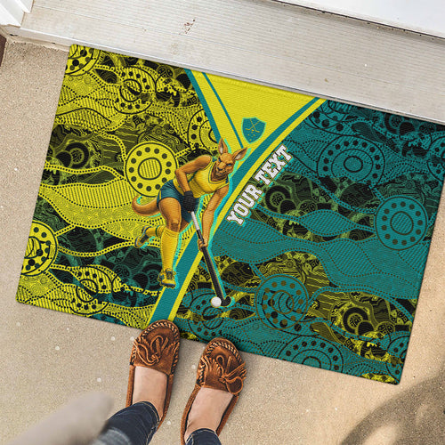 Custom Hockeyroos Kangaroo Field Hockey Rubber Doormat Aboriginal Pattern Green Gold Dynamic Athlete Design