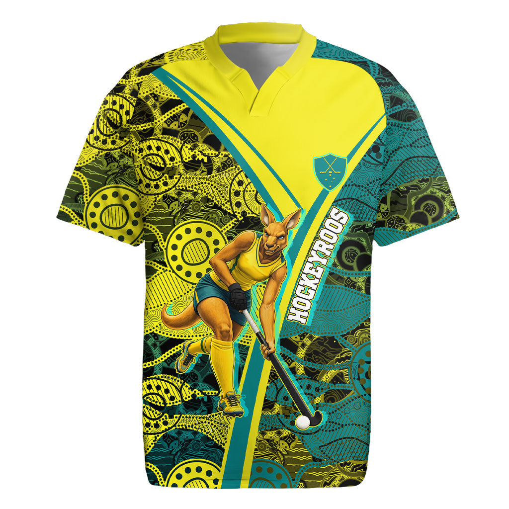 Custom Hockeyroos Kangaroo Field Hockey Rugby Jersey Aboriginal Pattern Green Gold Dynamic Athlete Design