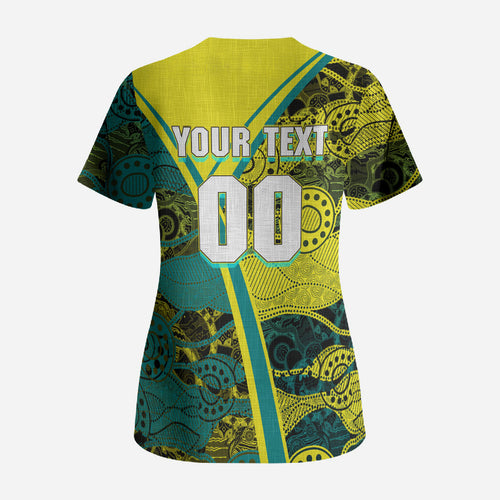 Custom Hockeyroos Kangaroo Field Hockey Scrub Top Aboriginal Pattern Green Gold Dynamic Athlete Design