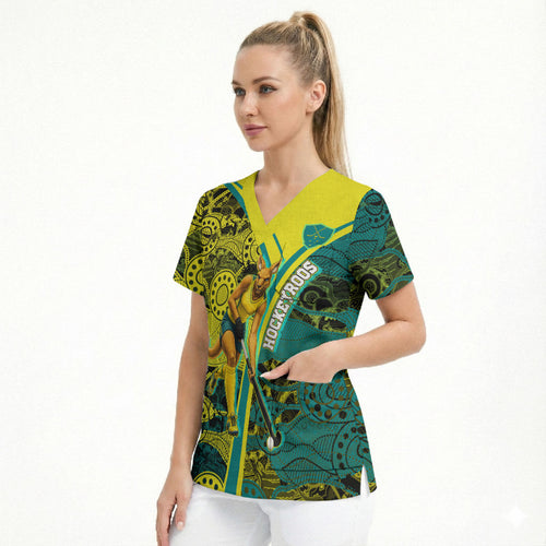 Custom Hockeyroos Kangaroo Field Hockey Scrub Top Aboriginal Pattern Green Gold Dynamic Athlete Design