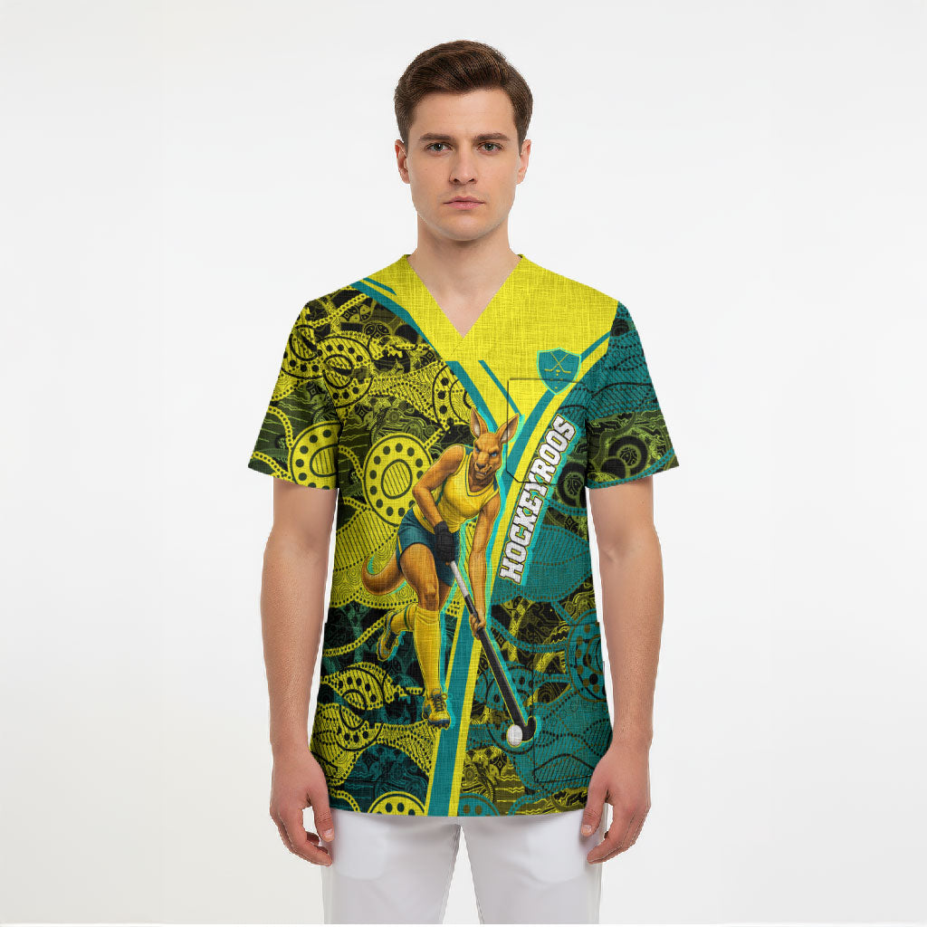 Custom Hockeyroos Kangaroo Field Hockey Scrub Top Aboriginal Pattern Green Gold Dynamic Athlete Design