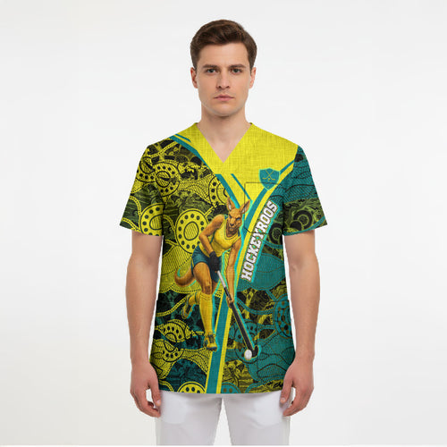 Custom Hockeyroos Kangaroo Field Hockey Scrub Top Aboriginal Pattern Green Gold Dynamic Athlete Design