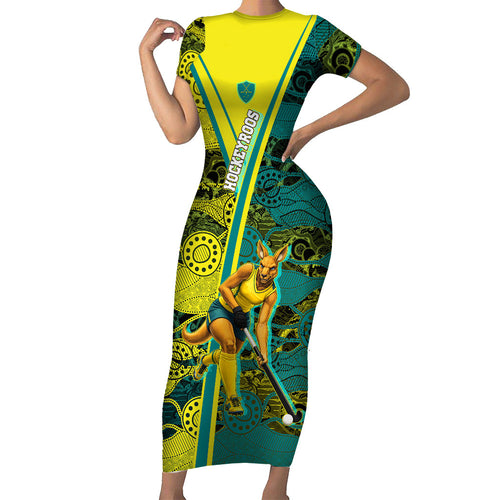 Custom Hockeyroos Kangaroo Field Hockey Short Sleeve Bodycon Dress Aboriginal Pattern Green Gold Dynamic Athlete Design