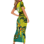 Custom Hockeyroos Kangaroo Field Hockey Short Sleeve Bodycon Dress Aboriginal Pattern Green Gold Dynamic Athlete Design