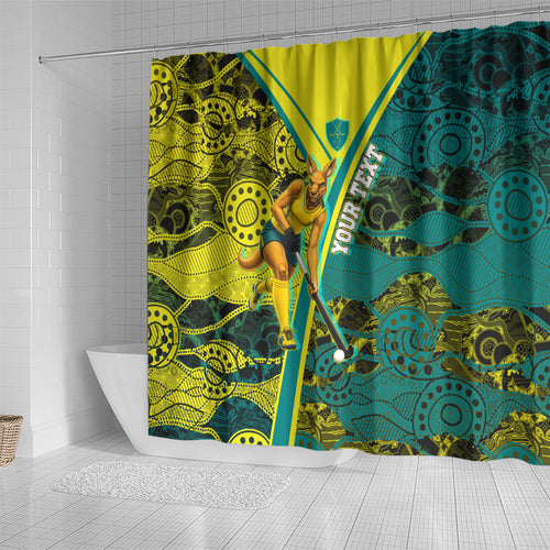 Custom Hockeyroos Kangaroo Field Hockey Shower Curtain Aboriginal Pattern Green Gold Dynamic Athlete Design
