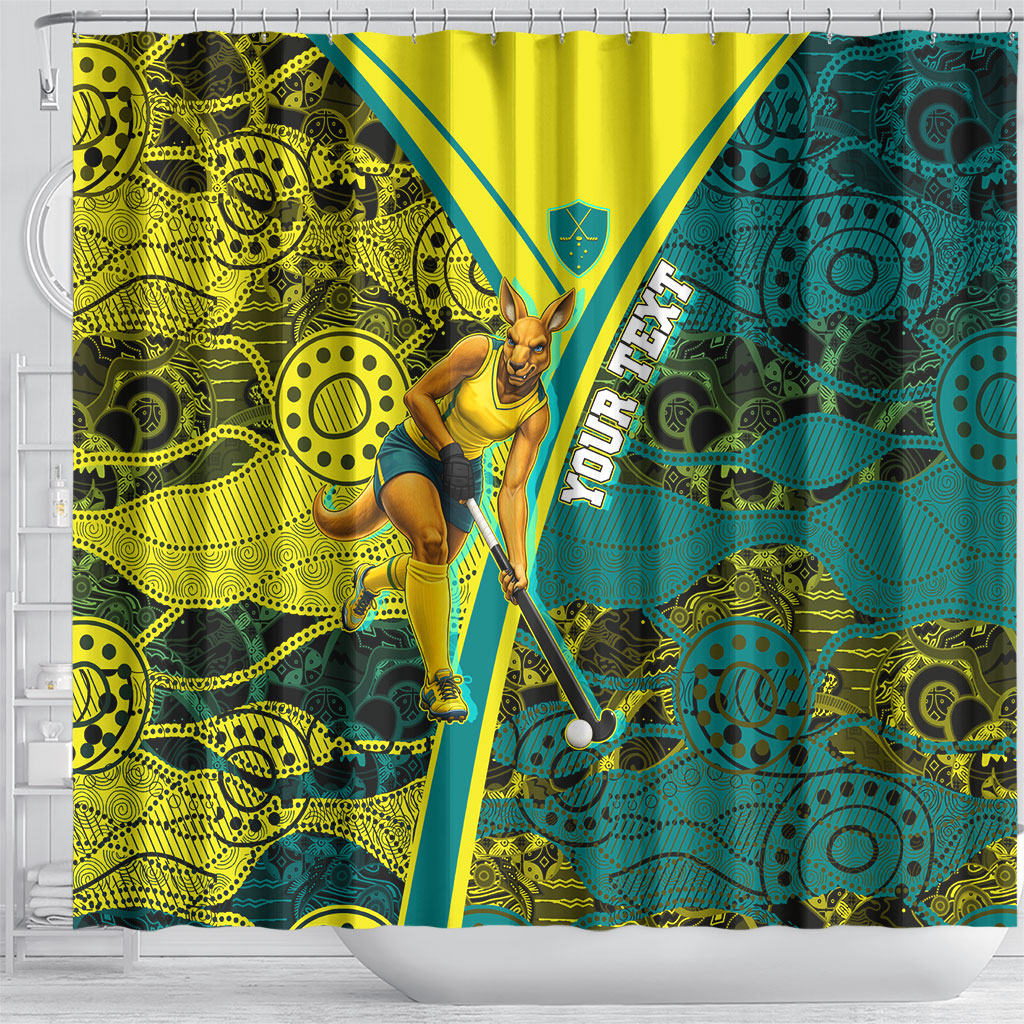 Custom Hockeyroos Kangaroo Field Hockey Shower Curtain Aboriginal Pattern Green Gold Dynamic Athlete Design